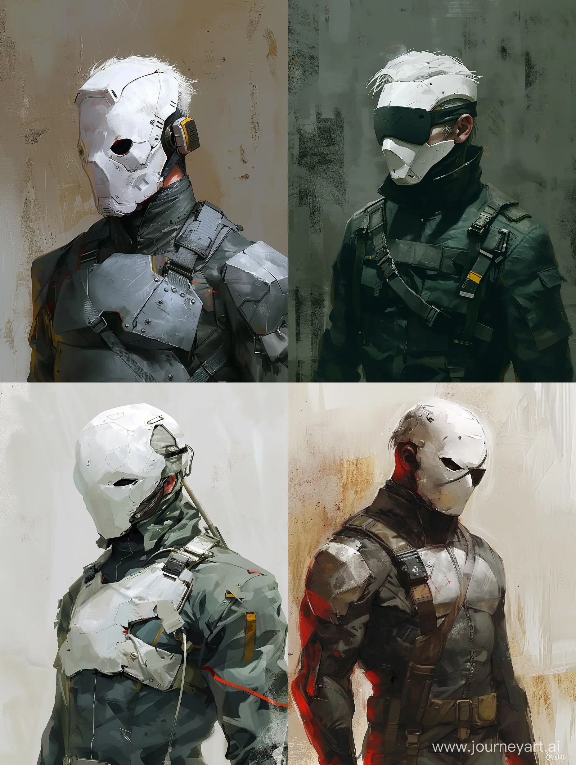 concept art, male , human baunty hunter, uniform, metal gear solid style, white sci fi eyesless cyberpunk mask om face 