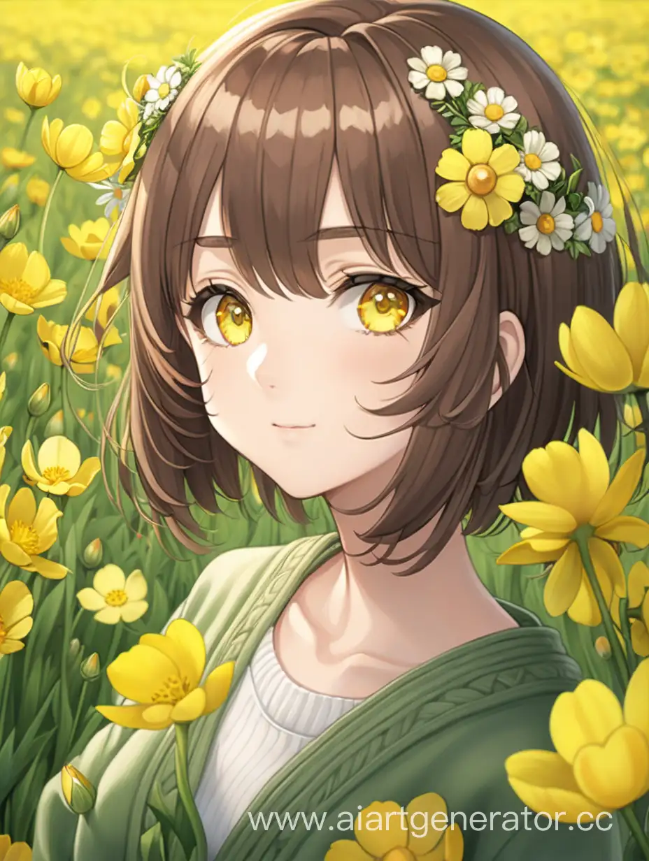 girl, brown hair, yellow eyes, buttercups, flowers on the skin, cardigan, wreath, short hair, square, buttercups in the hair, buttercups on the neck, buttercup, anime