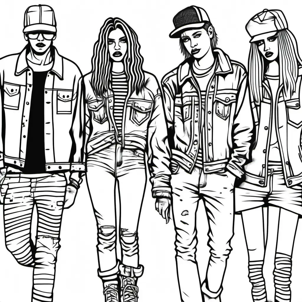  coloring page for adults, people in 90's 
grunge fashion, thick lines