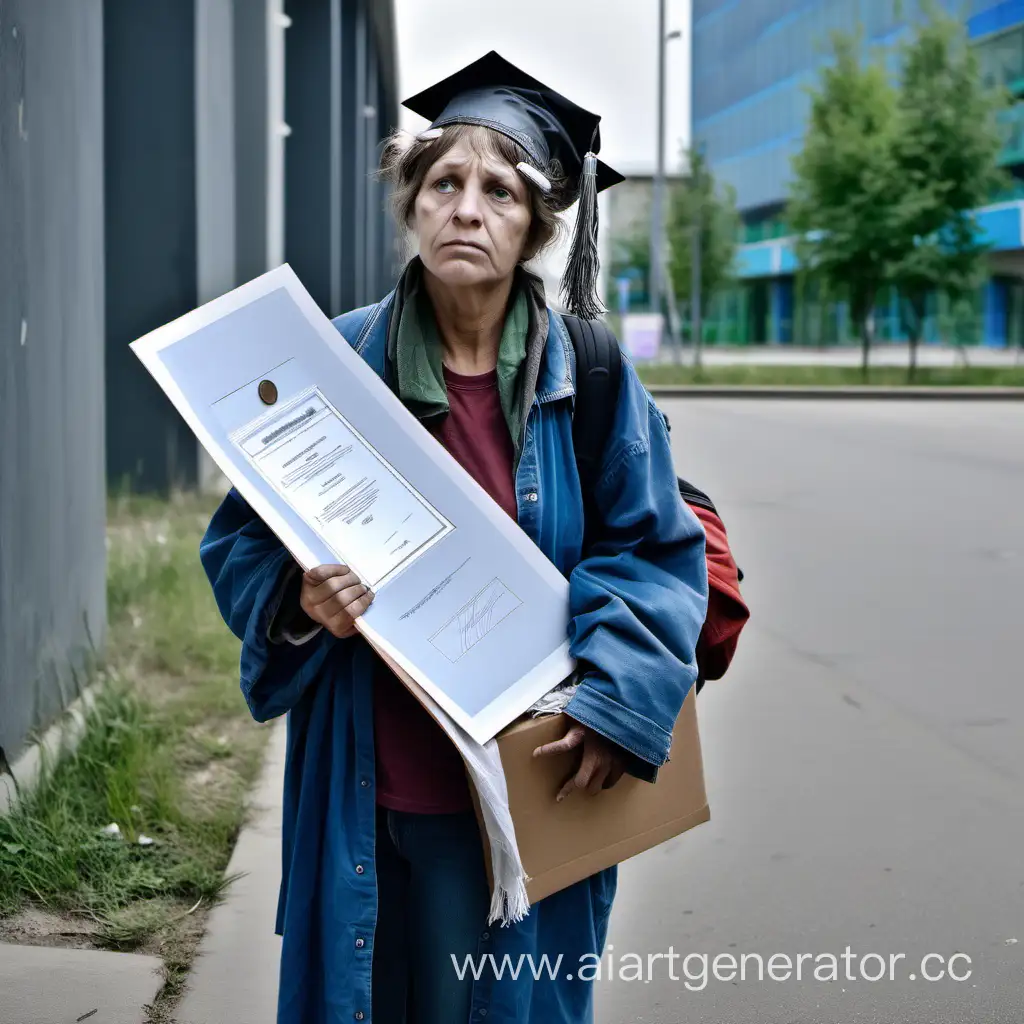 Homeless-Woman-Contemplating-University-Achievement-Outside-Corporate-Building