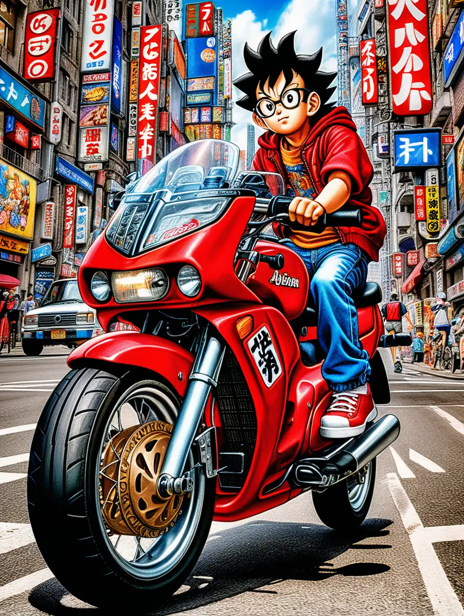 (cinematic lighting), Akira Toriyama, the legendary manga artist, enjoys a leisurely ride on his iconic red bike through the bustling streets of a vibrant, manga-inspired cityscape, intricate details, detailed face, detailed eyes, hyper realistic photography,--v 5,