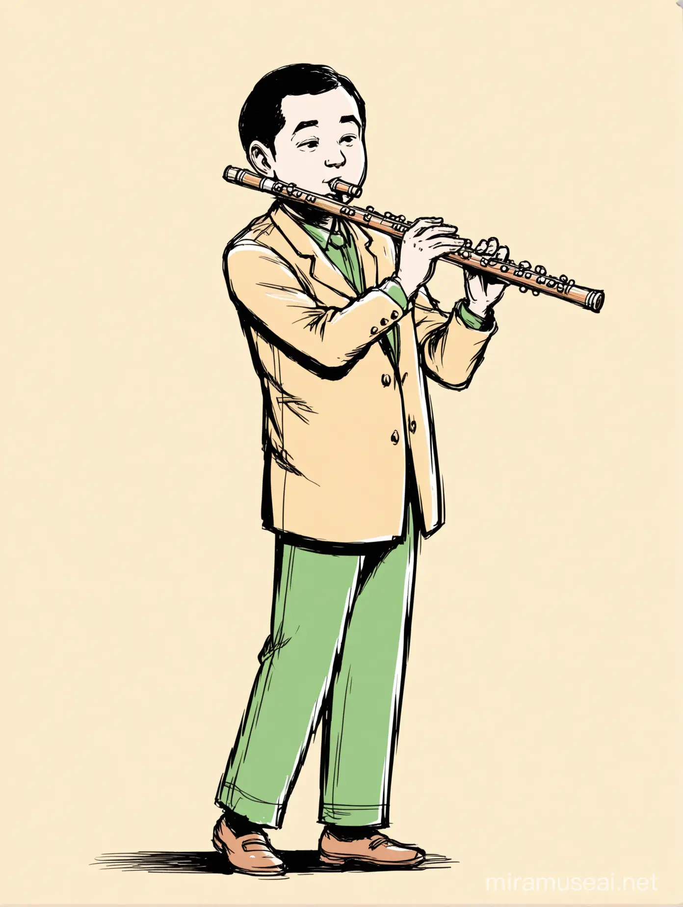 a photo of a man playing the flute musical instrument, full body, cartoon drawing