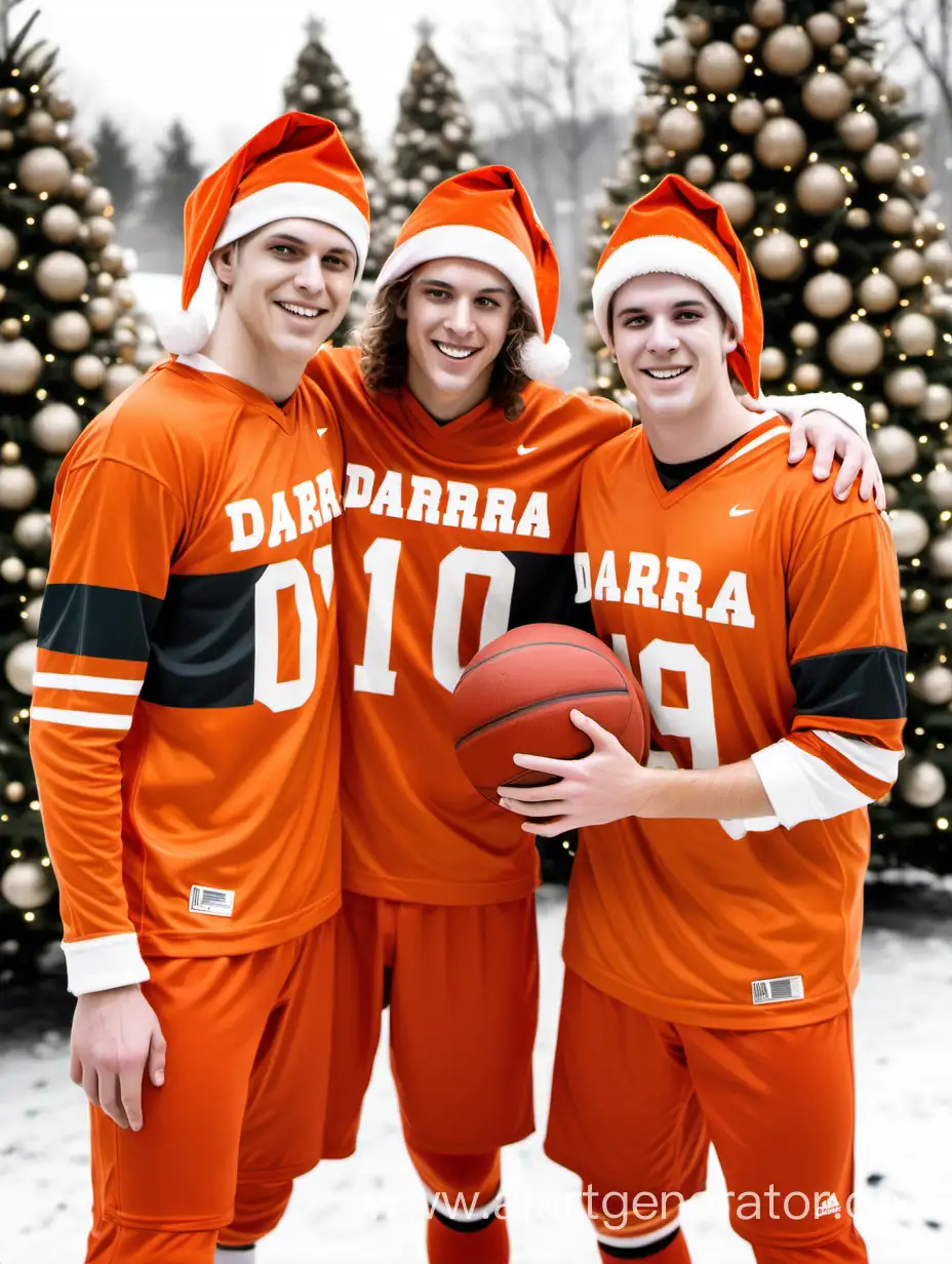 Баскетболист, хоккеист с клюшкой и в шлеме, футболист с мячом и волейболист, все в оранжевой форме, на груди у всех буква DARRA, в рождественских колпачках. Обнимаются. Сзади них на заднем фоне ёлки, снег, гирлянды