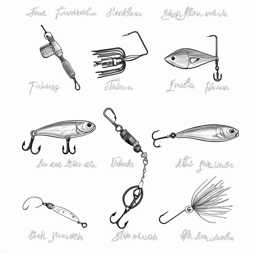 sketch drawing of fishing lures and tackle