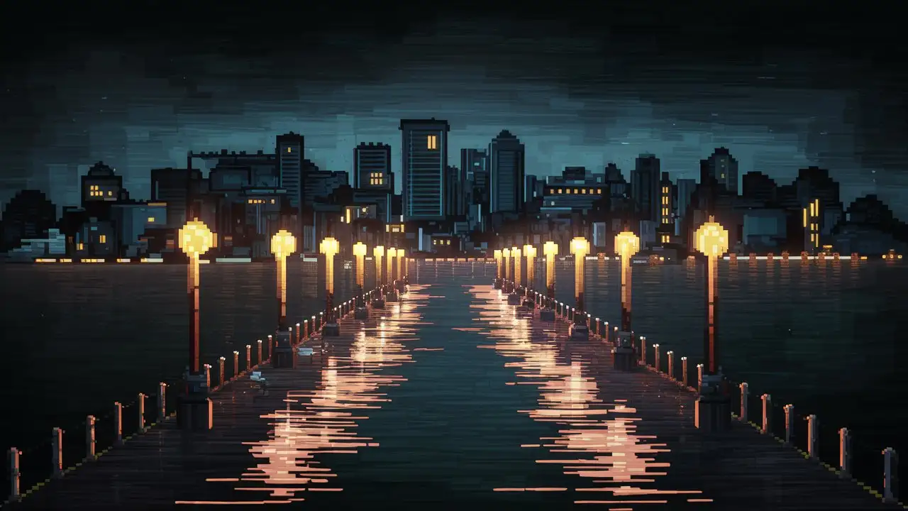 Nighttime Cityscape Pier Illuminated by Vintage Lamp Posts