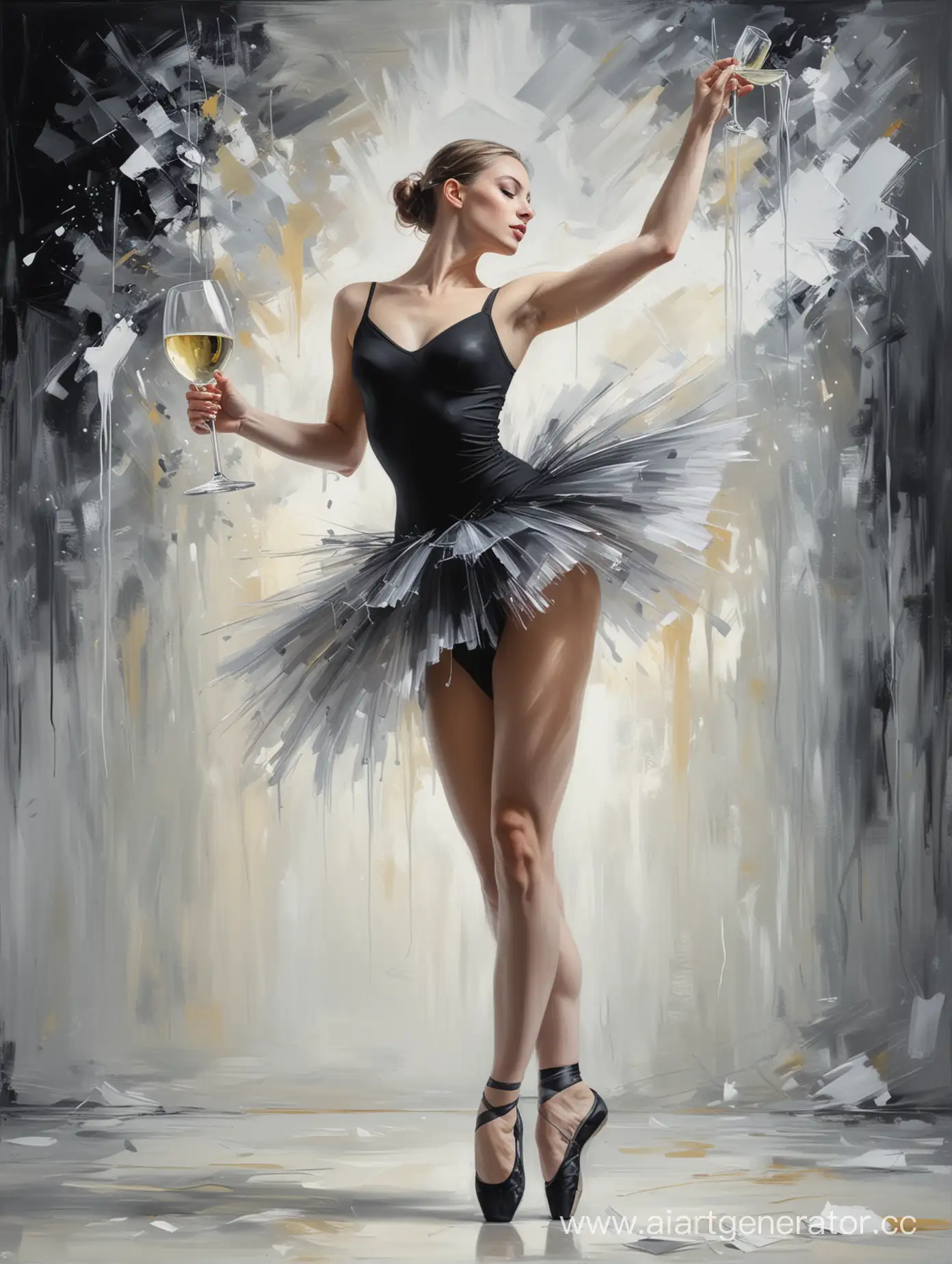 балерина в черном с бокалом белого вина на фоне абстракции
