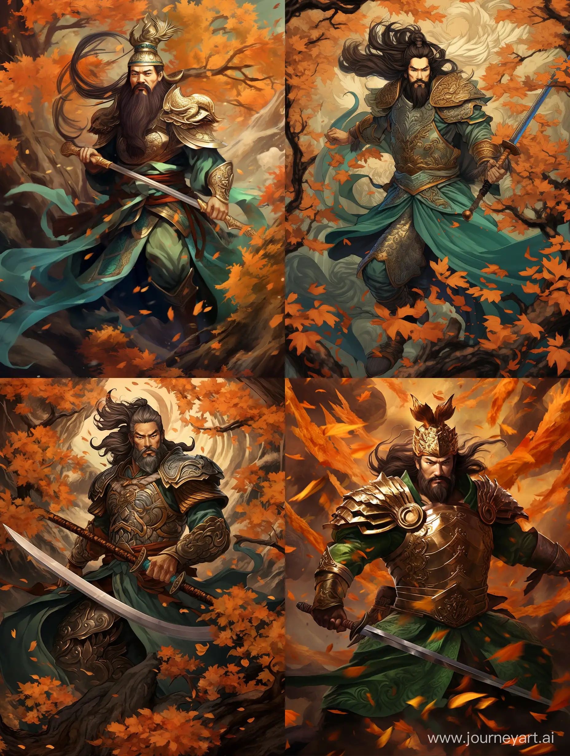 Guan-Yu-Mighty-Chinese-Warrior-with-Dragon-Ball-Flair-Amidst-Falling-Leaves