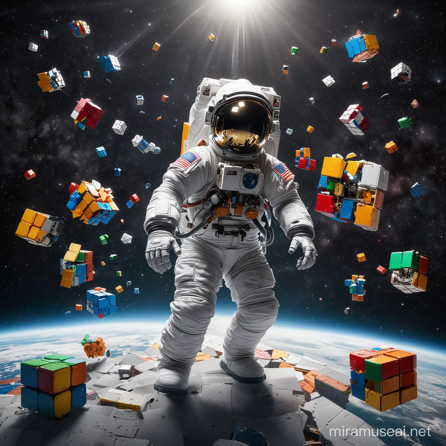 Toy astronaut in space with lots of real Rubik's cube puzzles around him
