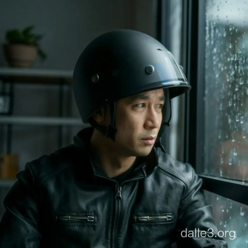 A sad asian man wearing a motorcycle helmet in a dark room looking at window with rain outside, 16:9 scale