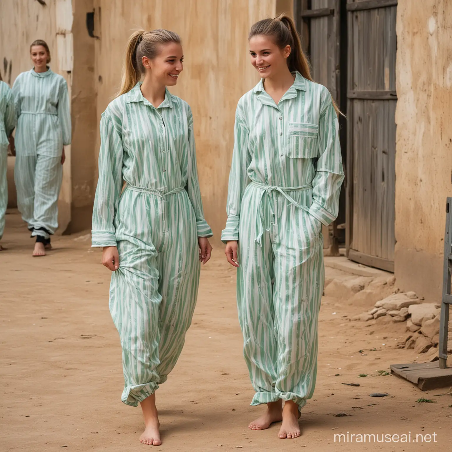 Two Young Female Prisoners Chatting at Dinner in Prison Camp