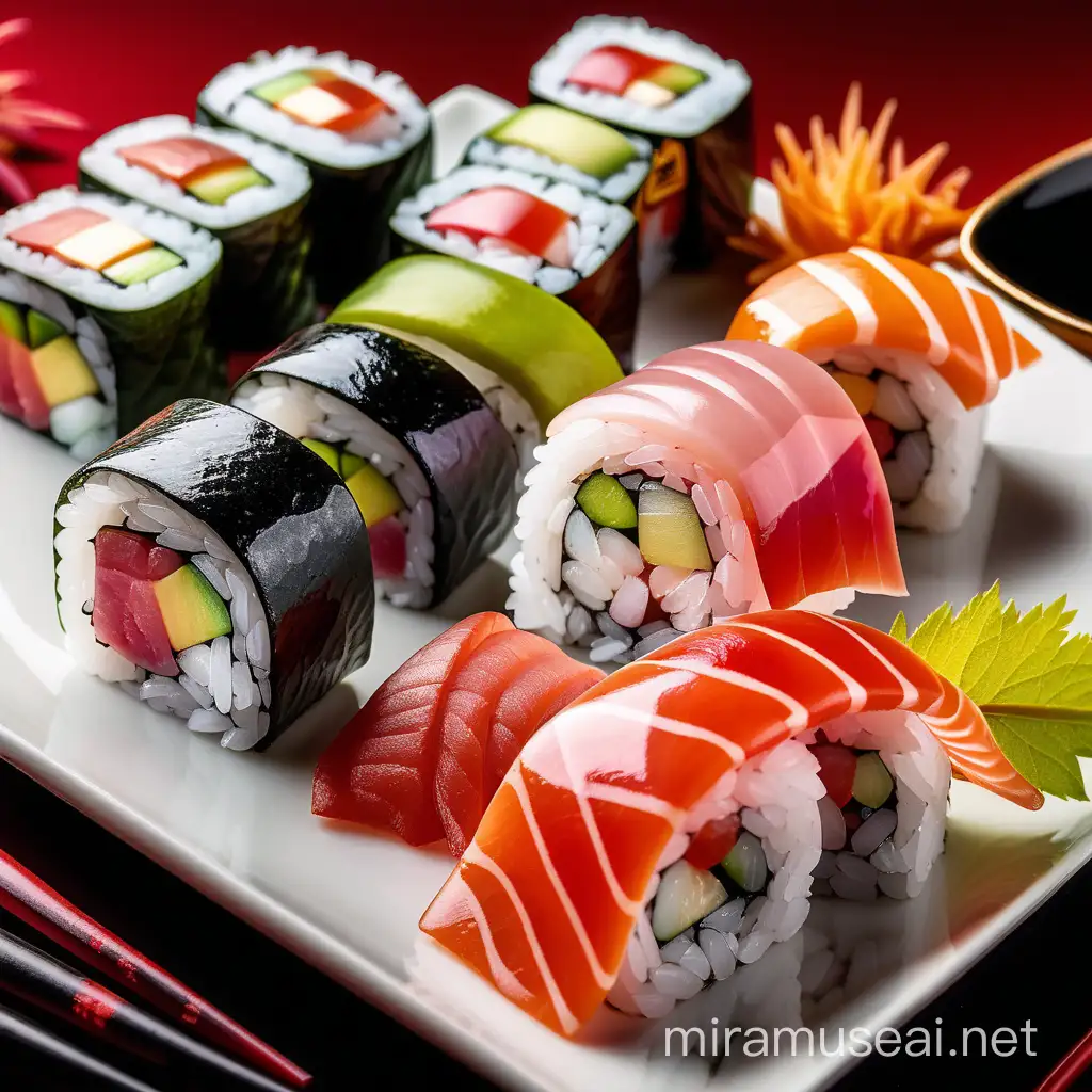 Produce a picture of shiny iridescent maki sushi 3 pieces