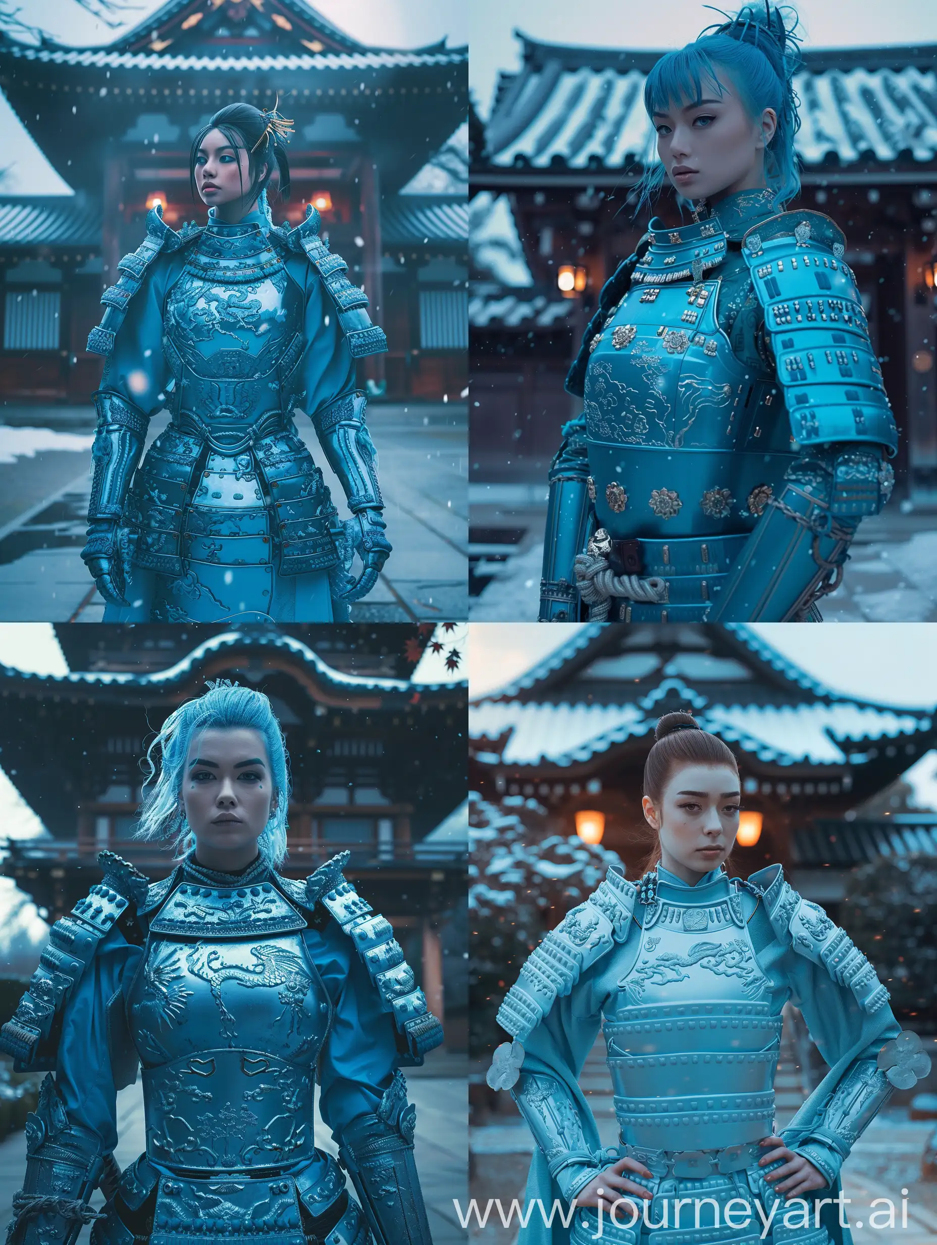 Character: A stunning female samurai warrior in bright light blue armor that shows elegance and strength.
Environment: A peaceful Japanese temple.
Background: A front view of a simple but beautiful Japanese temple.
Style: A rich fashion shoot blending the classic samurai look with a modern twist.
Photography Type: A cinematic fashion shoot that brings out the character of the blue-armored samurai.
Theme: A fashion shoot that combines old and new, centered on the blue-armored samurai.
Visual Filters: Enhanced with a Fashion Film Look-Up Table (LUT) for a richer look.
Camera Effects: Soft blur, haze, and natural light to bring out the blue of the armor.
Time: Set in a quiet evening with light snowfall for a peaceful atmosphere.
Resolution: High resolution to capture every detail.
Key Element: The main focus is the bright light blue armor, detailed to catch the light and stand out against the temple.
Details: The armor is detailed with traditional Japanese designs and scenes from samurai stories. It shines in the evening light, showing off the skill of the people who made it. The shape of the armor is highlighted, creating a beautiful image that brings out the spirit of the samurai.