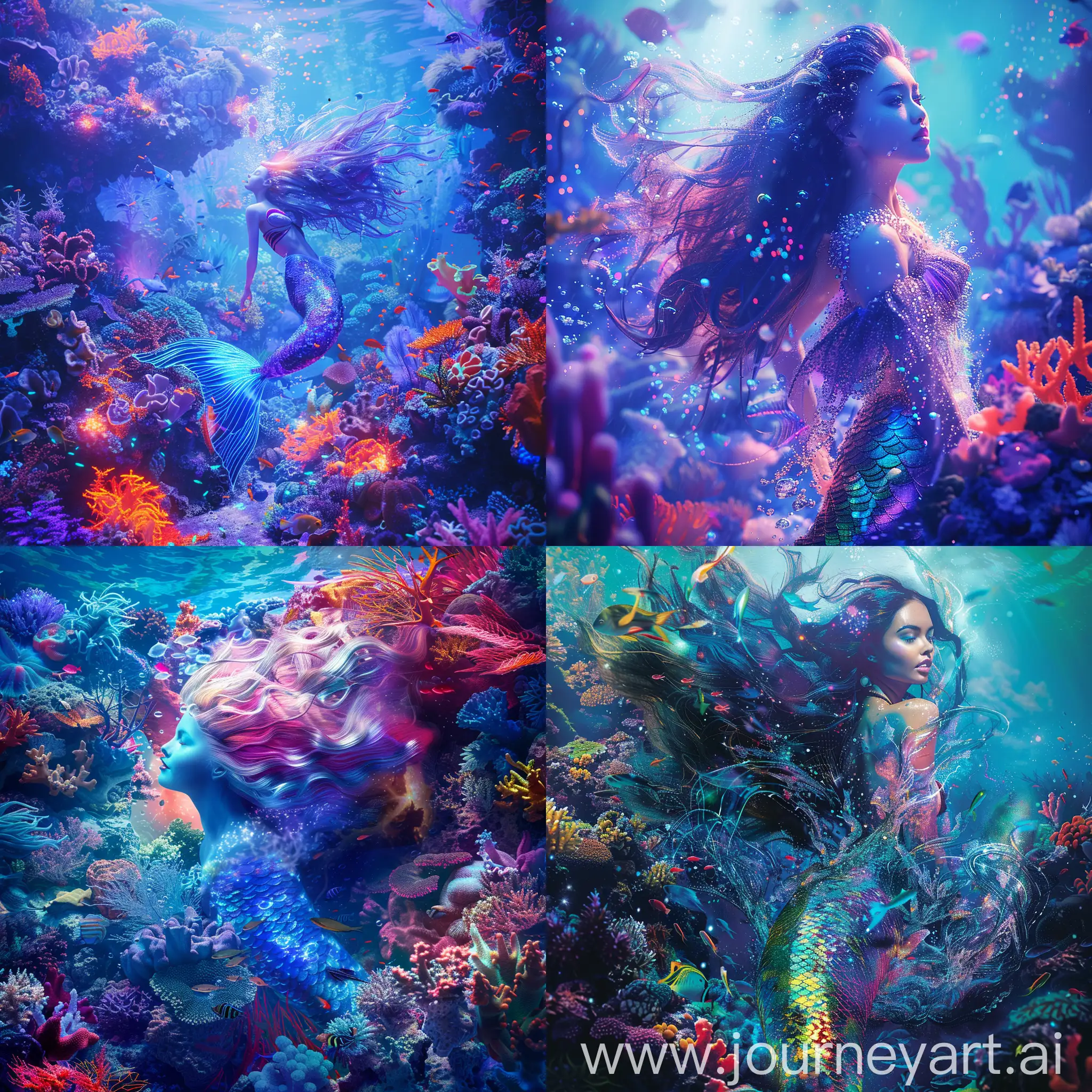 A vibrant underwater scene featuring a hot mermaid with iridescent scales, flowing hair, and a mystical aura, surrounded by colorful coral reefs and exotic sea creatures, shot on high-resolution 8k, hyper-realistic, ethereal lighting, oceanic hues, fantasy realism --s 150 --ar 1:1 --c 5
