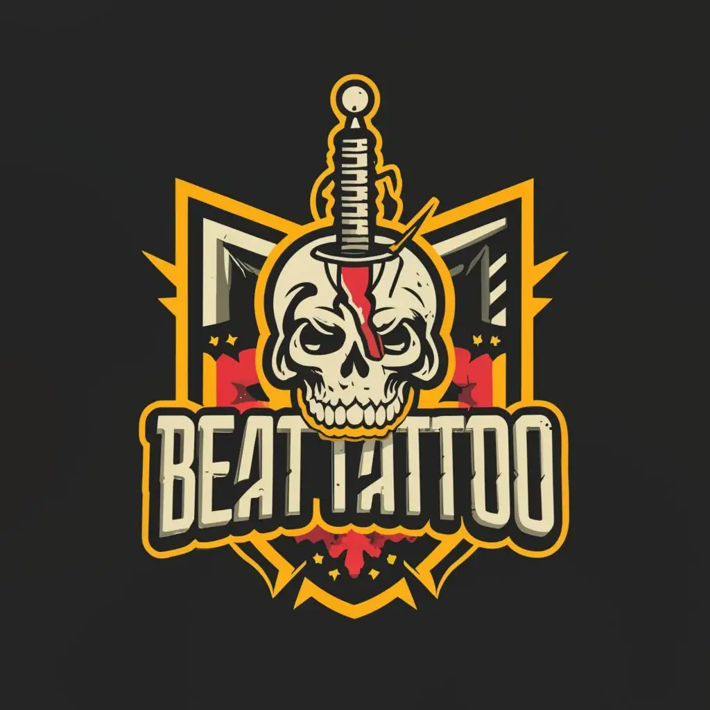 a logo design,with the text "BeatTattoo", main symbol:skull, needdle, electric guitar,Moderate,be used in Events industry,clear background