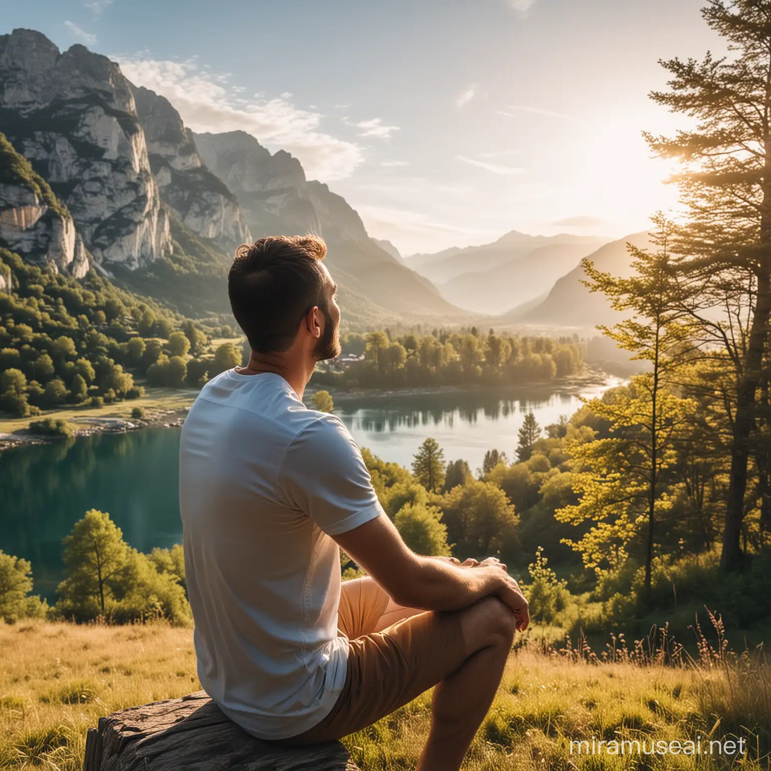 Man Relaxing with Gift Amidst Scenic Natural Landscape