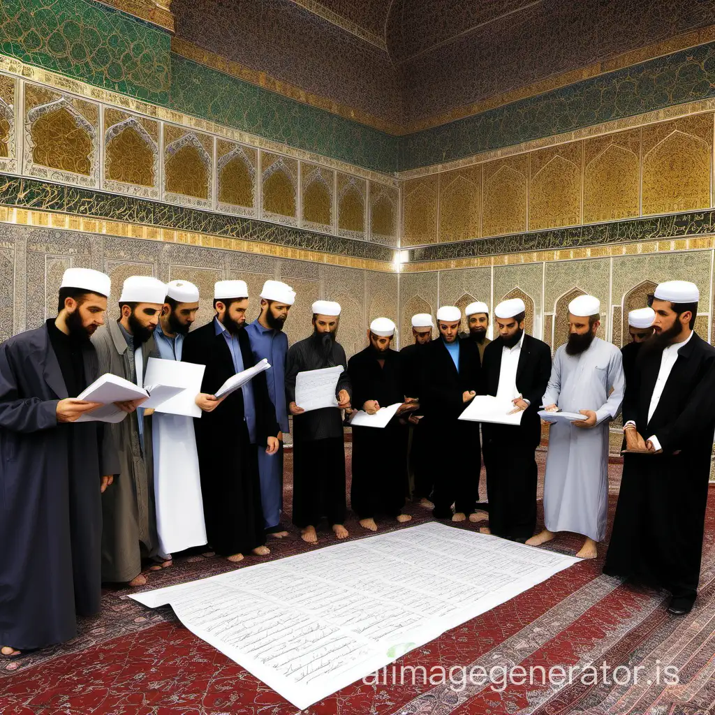 I need a picture to convey the following concepts: In the space of a Shia mosque, a group is examining the details of individuals. The members of this group, who are about 10 to 12 people, come from different sectors of society, including merchants, students, pupils, Shia scholars, and others. They are writing the information and details of these individuals on a whiteboard mounted on a movable stand and are examining that information. A friendly gathering in the mosque space.