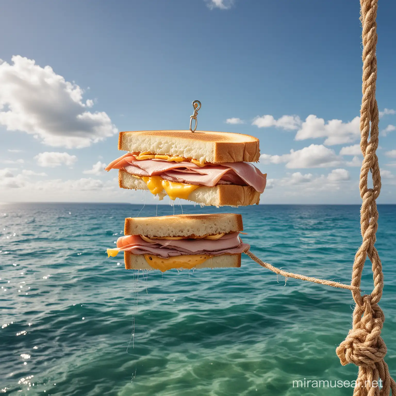 Floating Grilled Cheese and Ham Sandwich Over Ocean Background