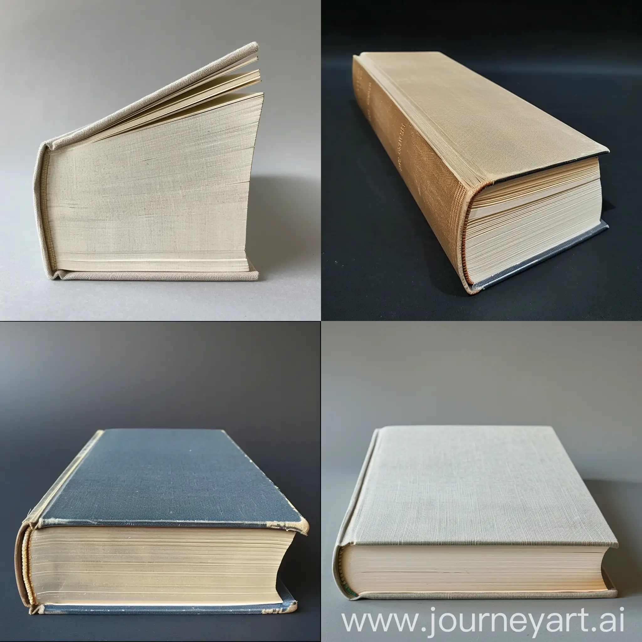 A book from the side with the spine facing up and slightly opened
