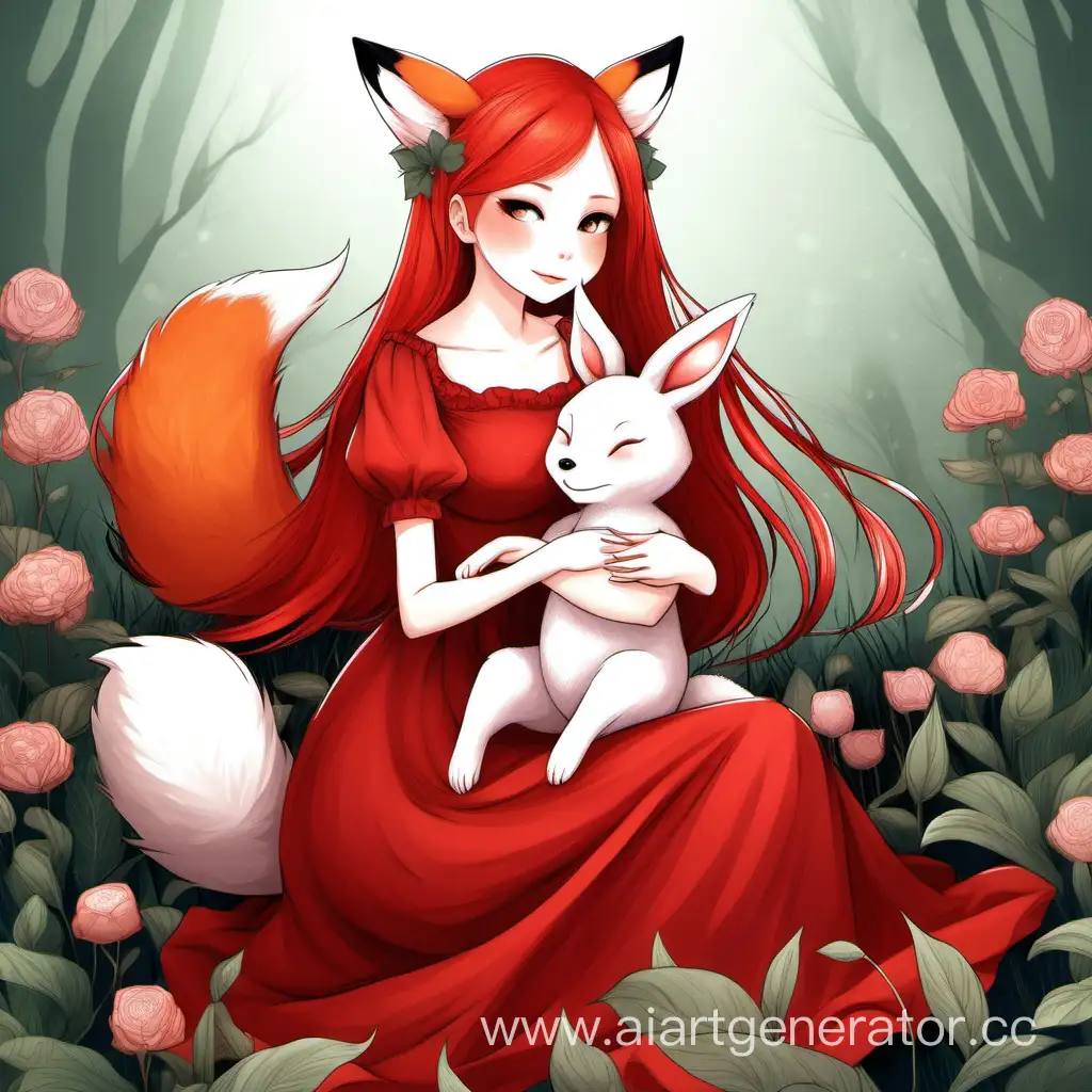 Рыжая стройная девушка с ушками лисёнка в красивом красном платье обнимает кролика