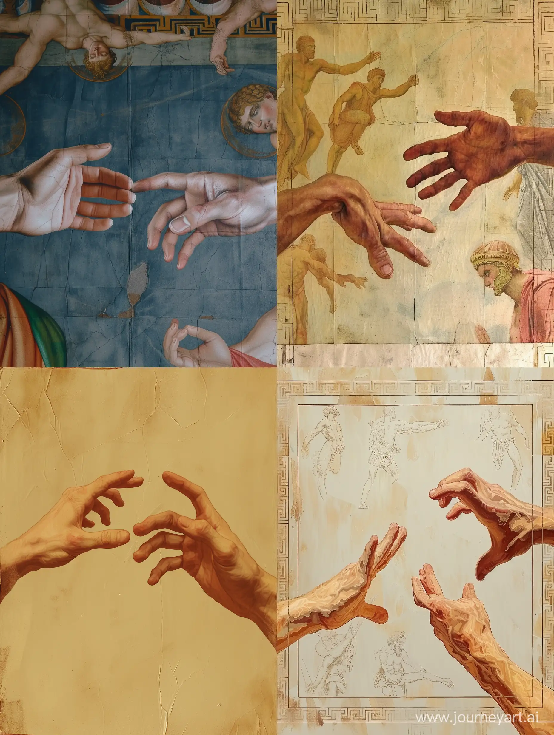 two hands reaching out to each other from a painting, the background is minimalistic in the style of the ancient Olympic Games, everything is framed like in a painting with Greece gods