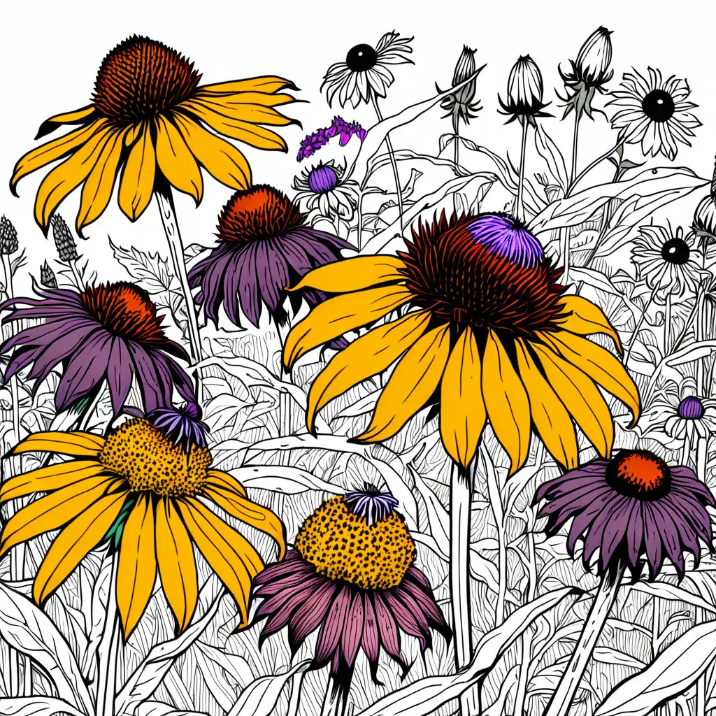 colored line drawing of afield of flowers featuring purple echinacea, black eyed susan, and goldenrod