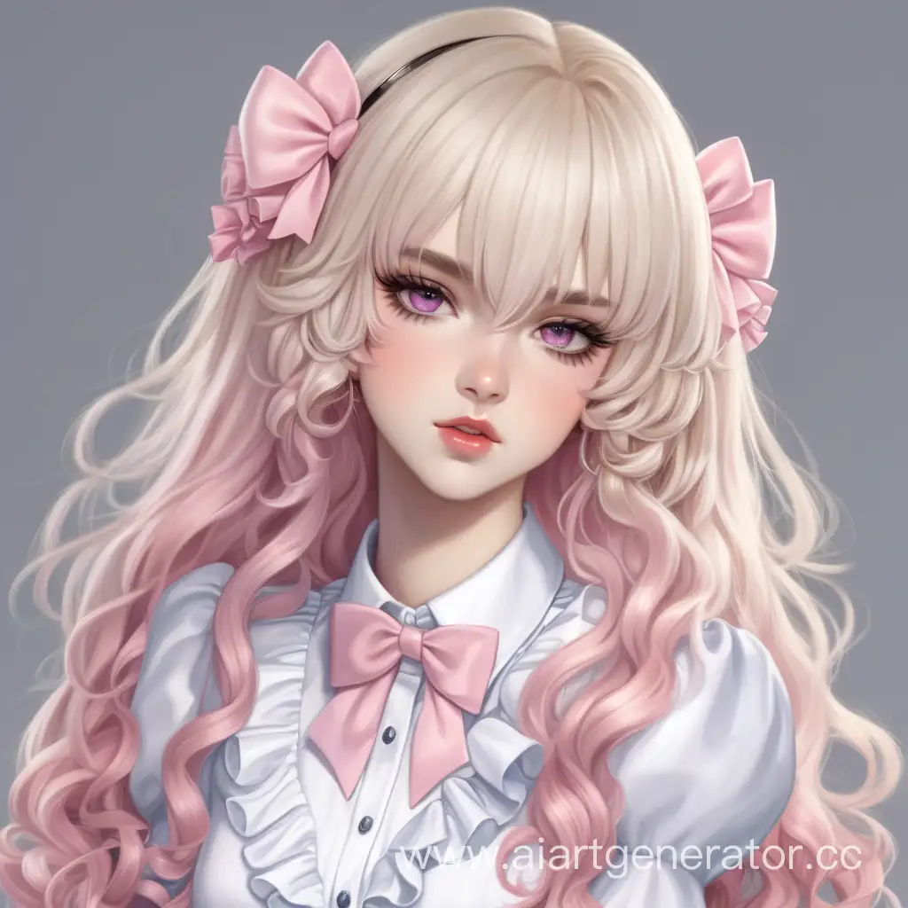 Beautiful and elegant femboy with wavy white long hair in the style of Malvinas, white eyelashes, plump pink lips, fair skin, and also dressed in a white blouse with puffy sleeves and a frill bow.