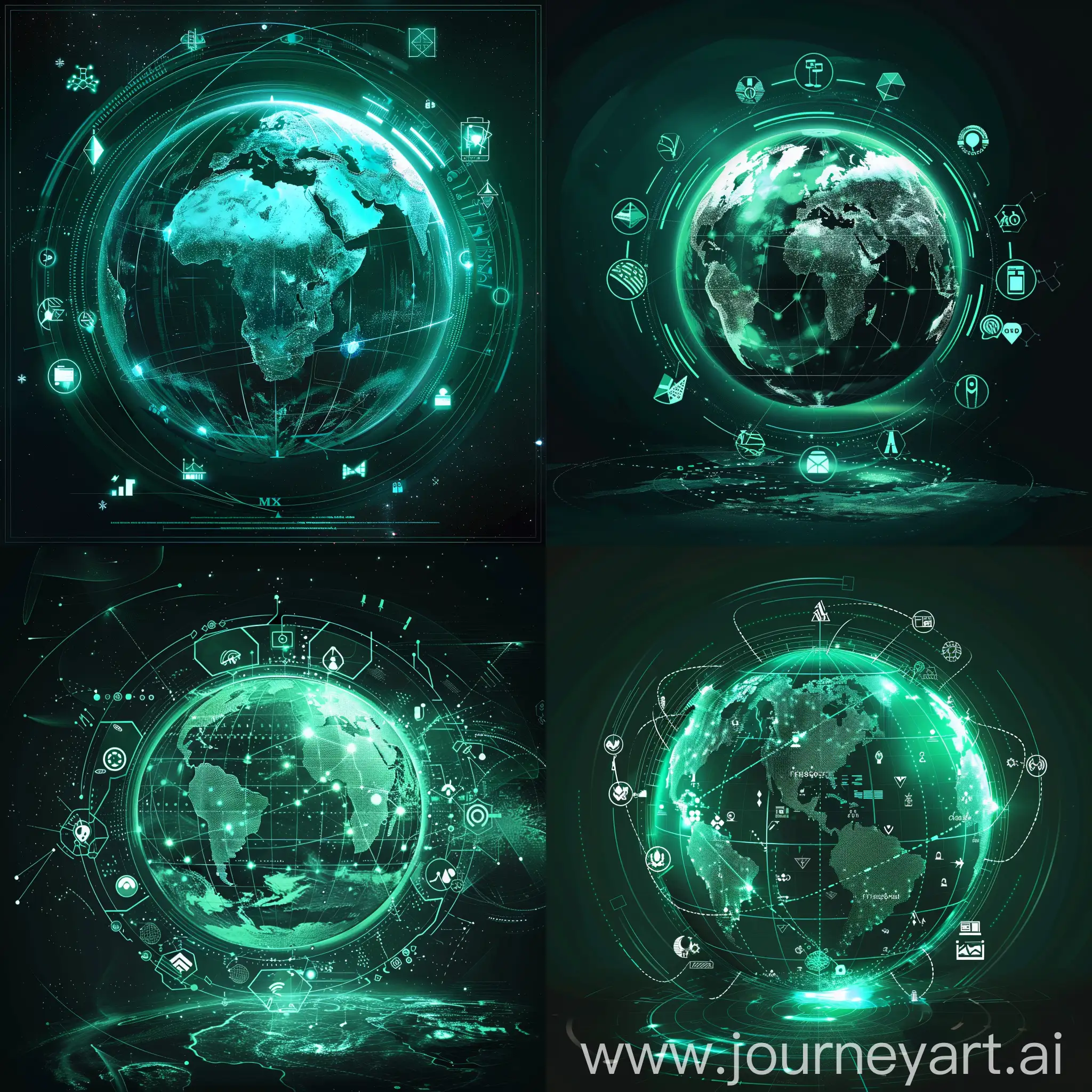an aqua green globe in the universe with geography and geometry data types with icons being show near by or on top of the globe
