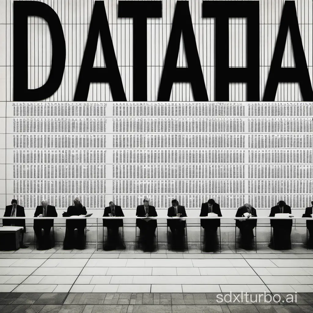 a wall with a sign that reads the word : DATA, many judges looking at the wall