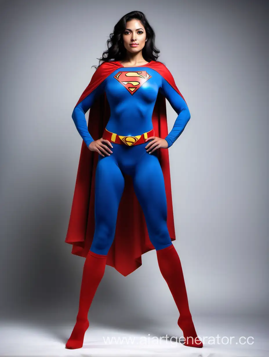 The central focus is a confident, happy Mexican woman of 26 years, exuding strength and power. Her impressive physique features extremely developed muscles across her arms, legs, chest, and abdomen, accentuated by her large breasts. She embodies a superhero persona, radiating heroism and might. The portrayal captures her in a full-body Superman costume, showcasing a matte spandex texture. The blue leggings and sleeves contrast with the iconic red briefs and a long, flowing cape, evoking the classic Superman look. This composition is reminiscent of 'Superman: The Movie,' employing a professional photo studio to create a vibrant and striking portrait that embodies the strength and heroism associated with the Superman character.