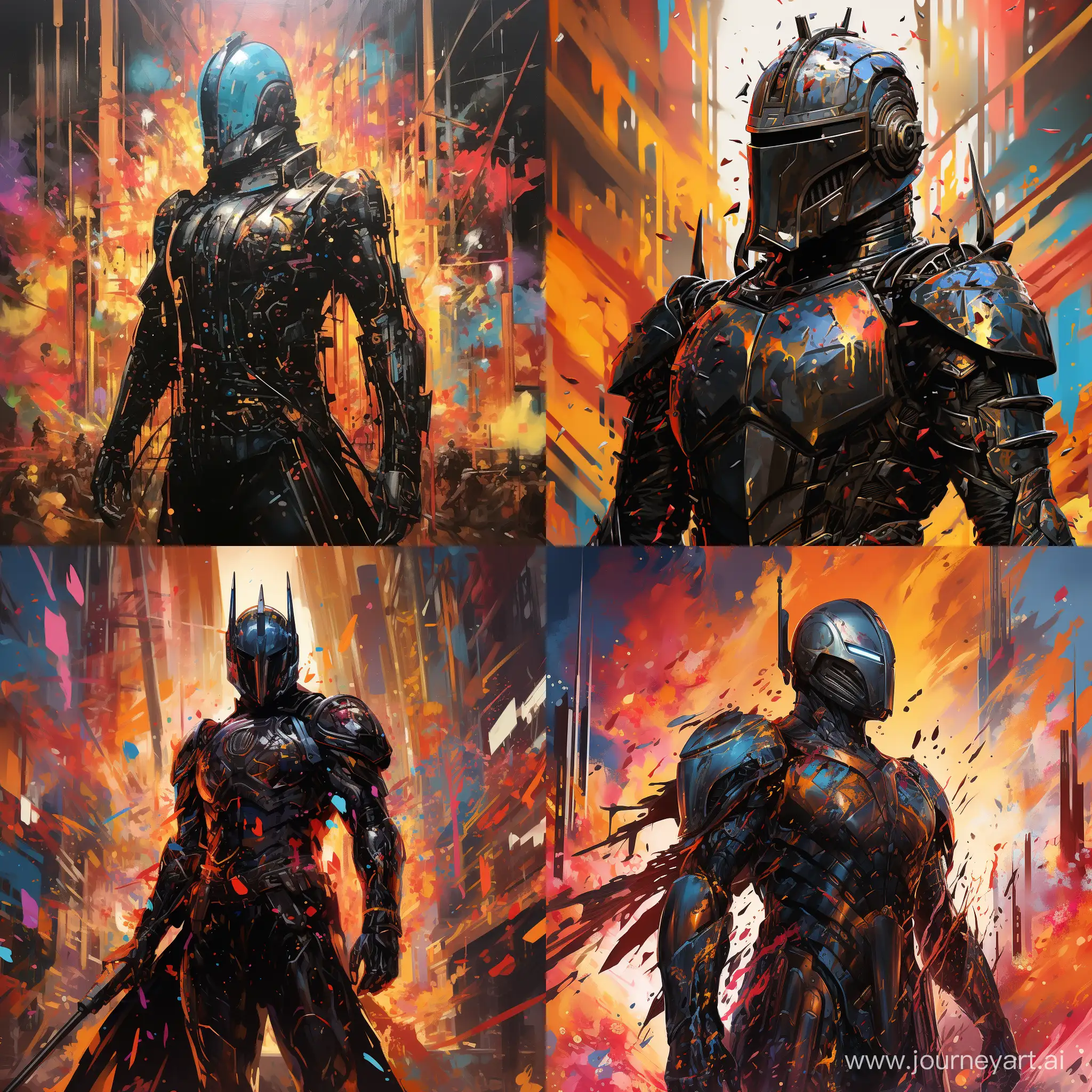 stands tall, The Black::1.1 knight::1.1 stands tall, in cyberpunk style, stands tall, explosion of color::0.9, abstraction::1.1, unusual, interesting, --s 250