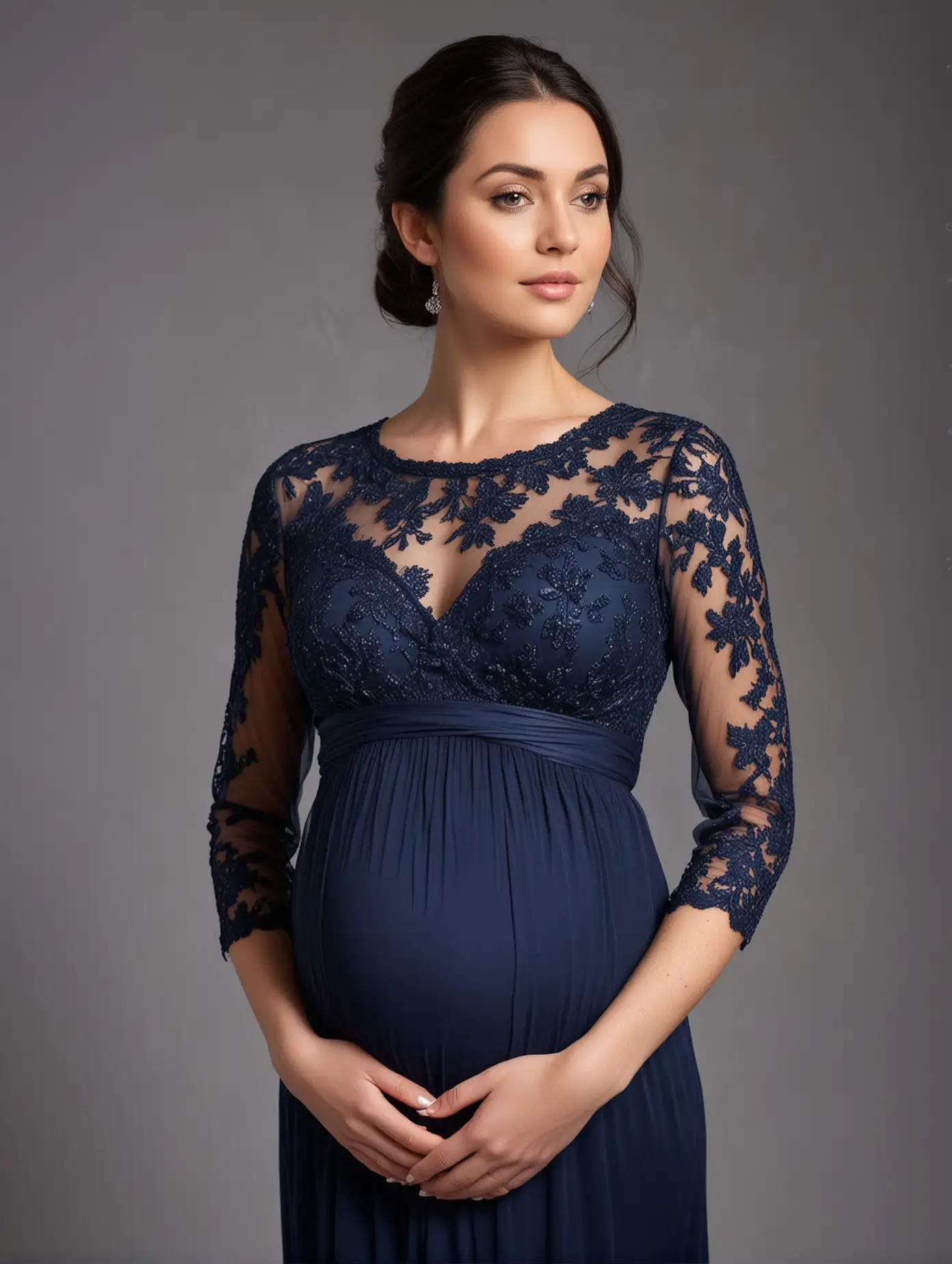 A beautiful pregnant woman wearing a navy blue evening dress with sheer sleeves and a lace bodice is posing for the camera. Exquisite facial features，She has dark hair and is facing forward. The gown also covers her belly. The fabric looks very soft and comfortable to wear. The background color should be neutral or light gray