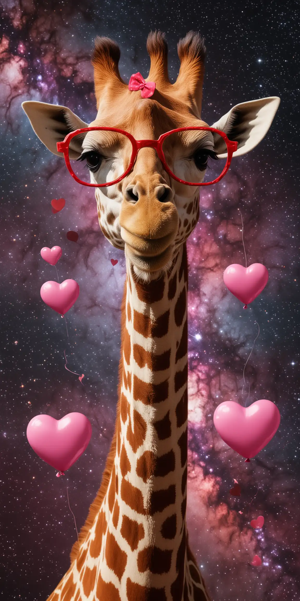 Giraffe with glasses in the space with valentine hearths


