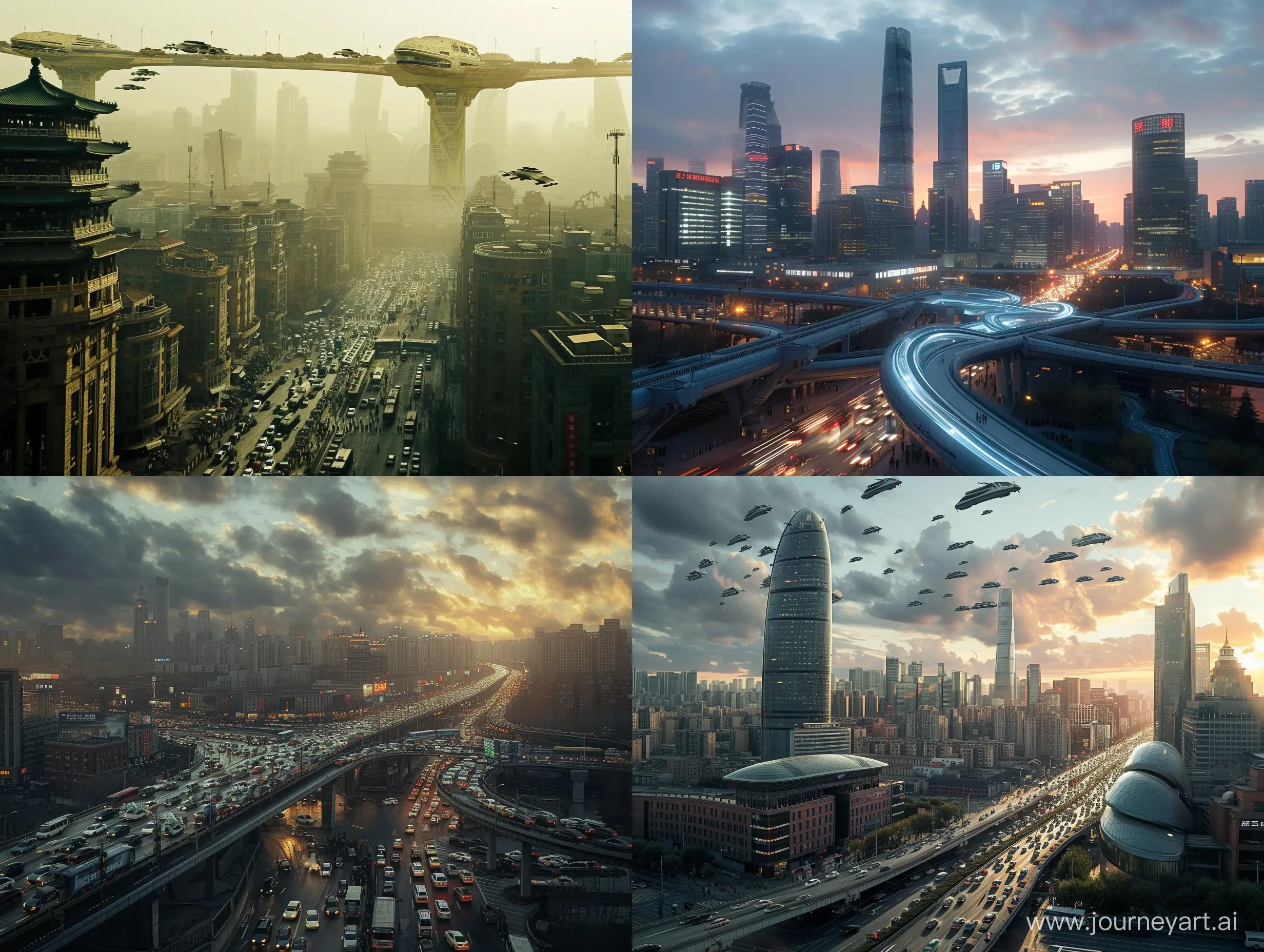 a photo in the style of a science fiction showcasing a bustling beijing skyline, photography, environment, natural lighting,  transportation

