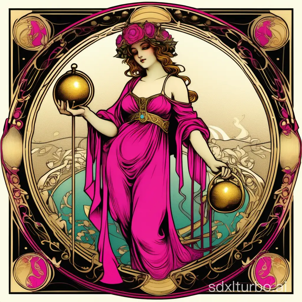 mucha’s style，pure color and black；colorful;Libra;tarot card form;a beautiful girl holding a gold balance in her hand ;fuchsia