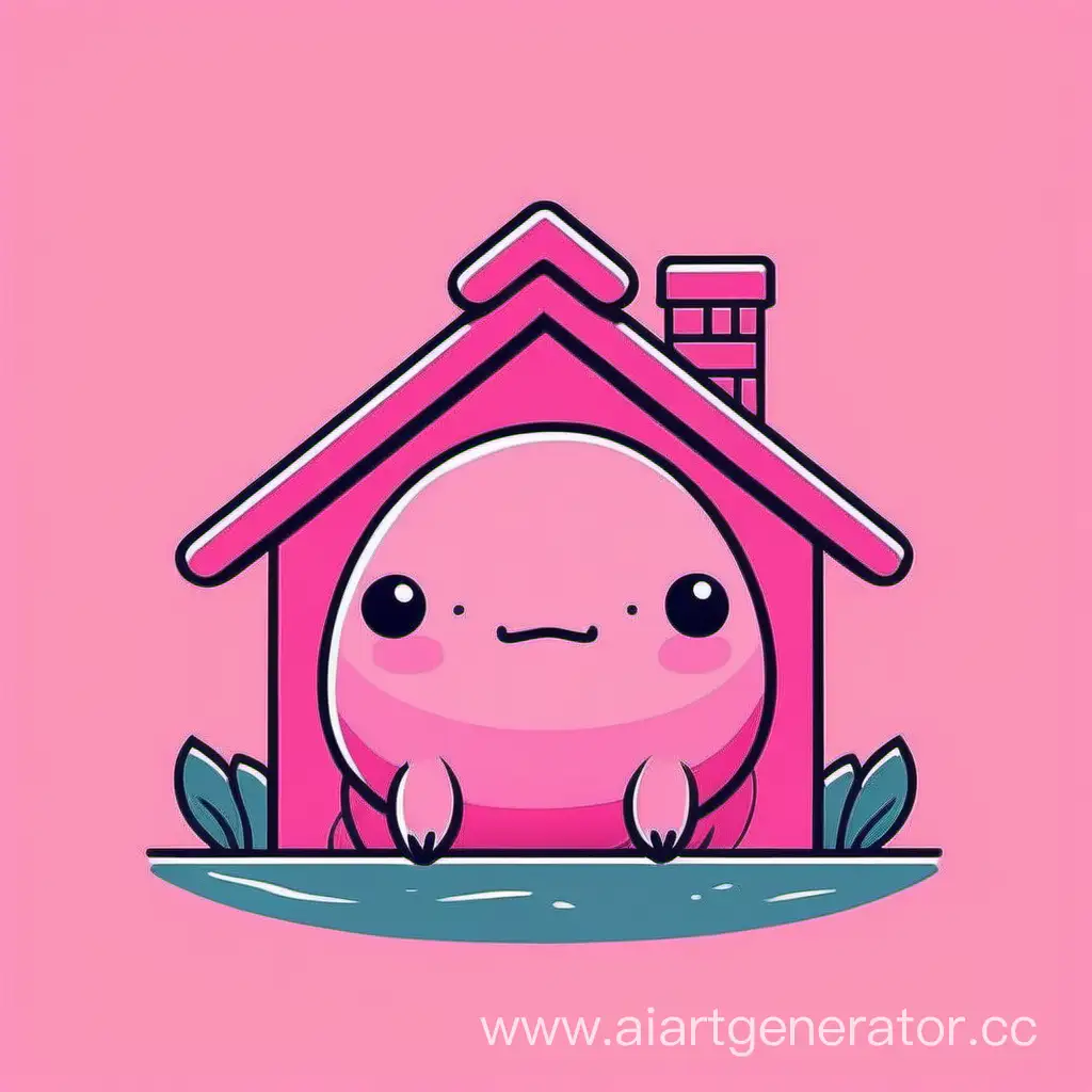 милый розовый Аксолотль сидит на домики. минимализм логотип. никаких углов