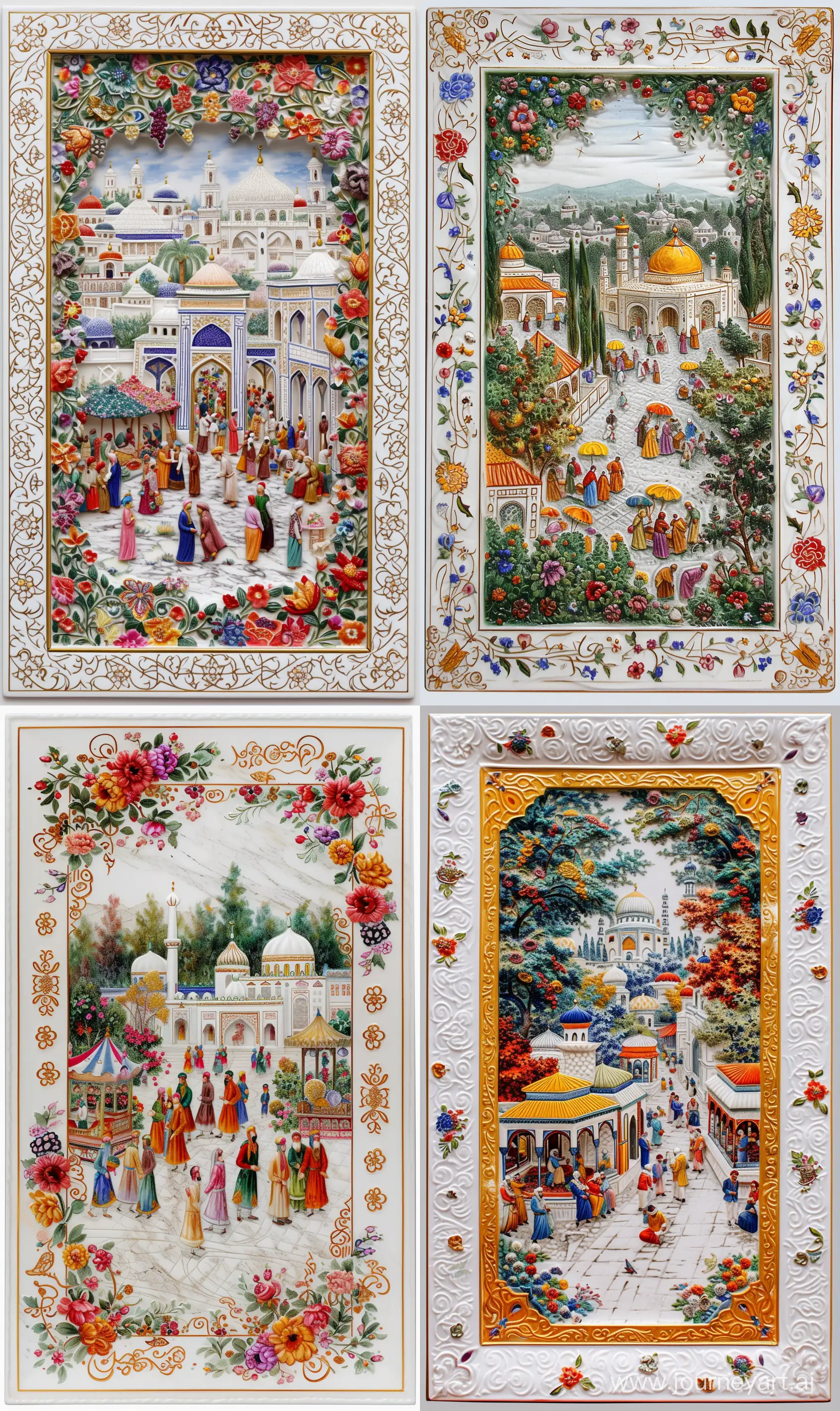 A colorful Persian miniature painting scenery carved on an Iznik porcelain depicting mosque and garden marketplace, framed within solid 3d embossed islamic arabesque floral motifs on white marbled border, straight edges, shiny metallic gold outlines --s 150 --ar 3:5