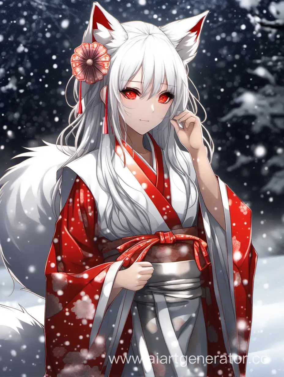 Enchanting-Snow-Fox-Woman-in-Red-Kimono-Amidst-Japanese-Winter-Wonderland