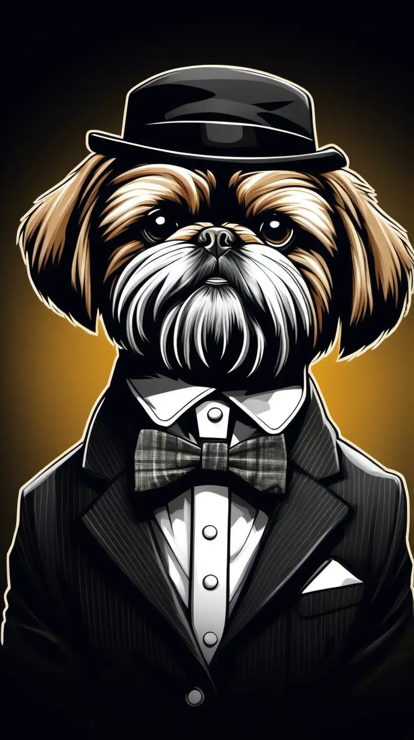 “Create an artistic depiction of a Shih Tzu in a gangster-inspired scene. Picture the Shih Tzu with a confident and stylish demeanor, sporting classic gangster elements like a fedora, trench coat, or other iconic accessories. Craft a visually engaging representation of a Shih Tzu exuding charm and swagger in this gangster-style scene JPEG
