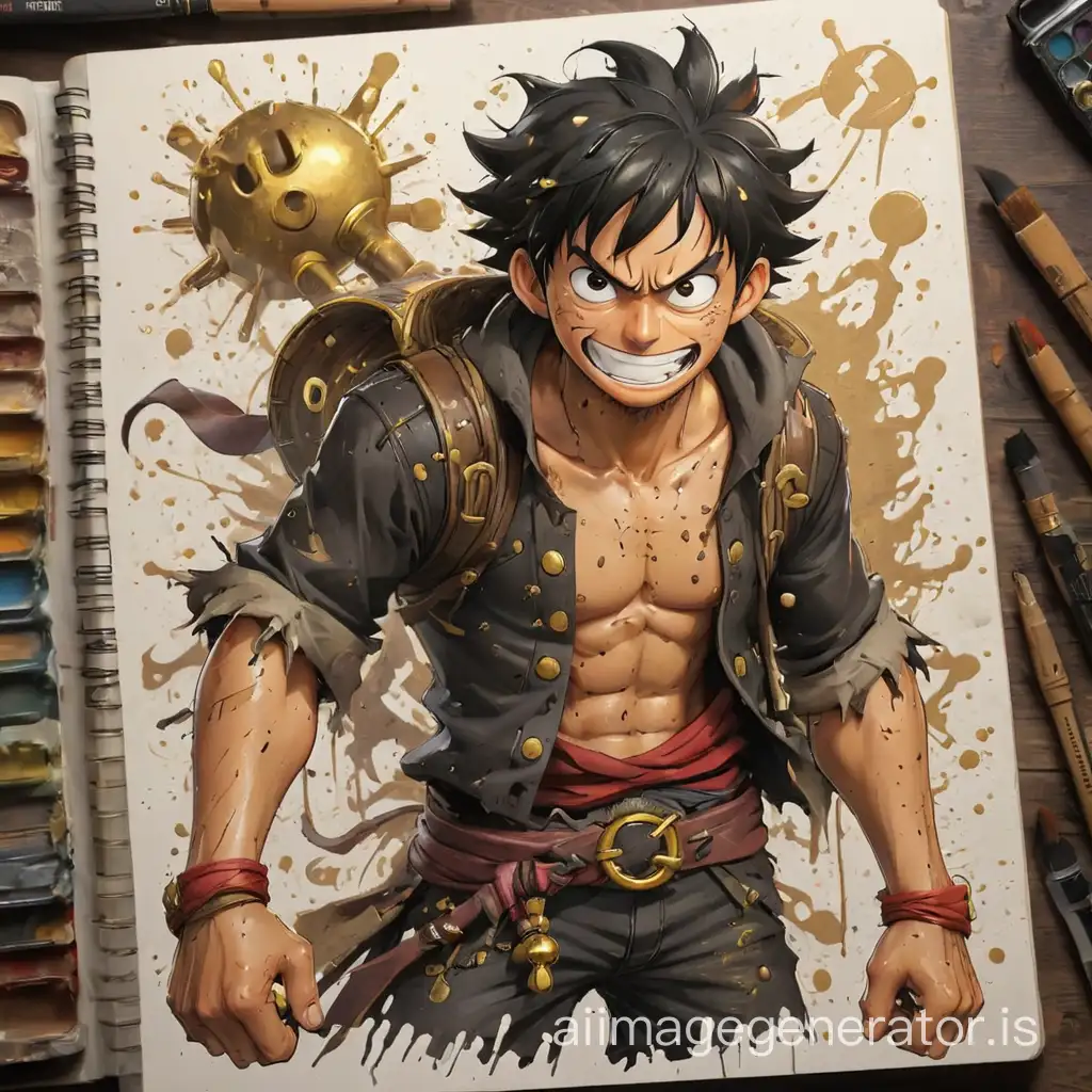Sketchbook Style, Sketch book, hand drawn, dark, gritty, realistic sketch, Rough sketch, mix of bold dark lines and loose lines, bold lines, on paper, turnaround character sheet, anime pirate Monkey D. Luffy, paint splash, full body, arcane symbols, runes, pirates theme, Perfect composition golden ratio, masterpiece, best quality, 4k, sharp focus. Better hand, perfect anatomy.
