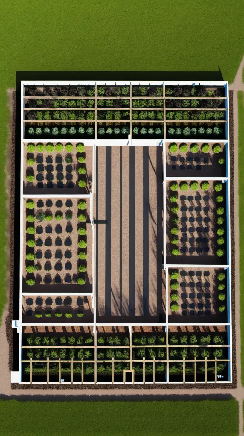 10 gardens 10x10m with fences next to each other in a field