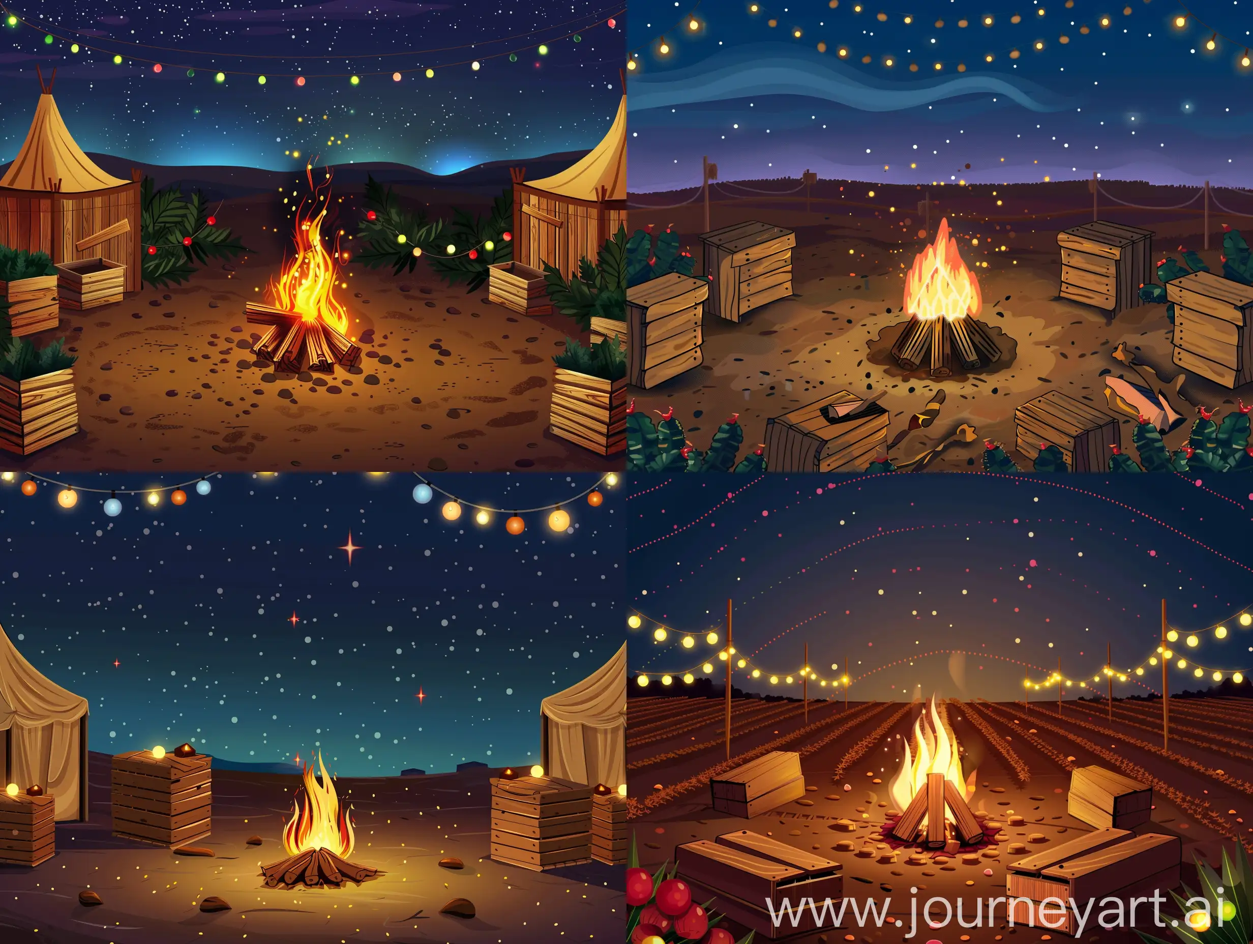 vector illustration small campfire by night without sprakles on an arable land, with wooden crates surrounded and lights decorated