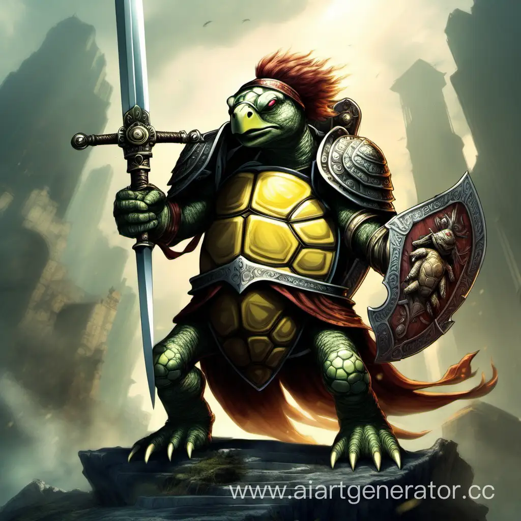 Fantasy-Warrior-Confronting-Griffin-Turtle-with-a-Sword