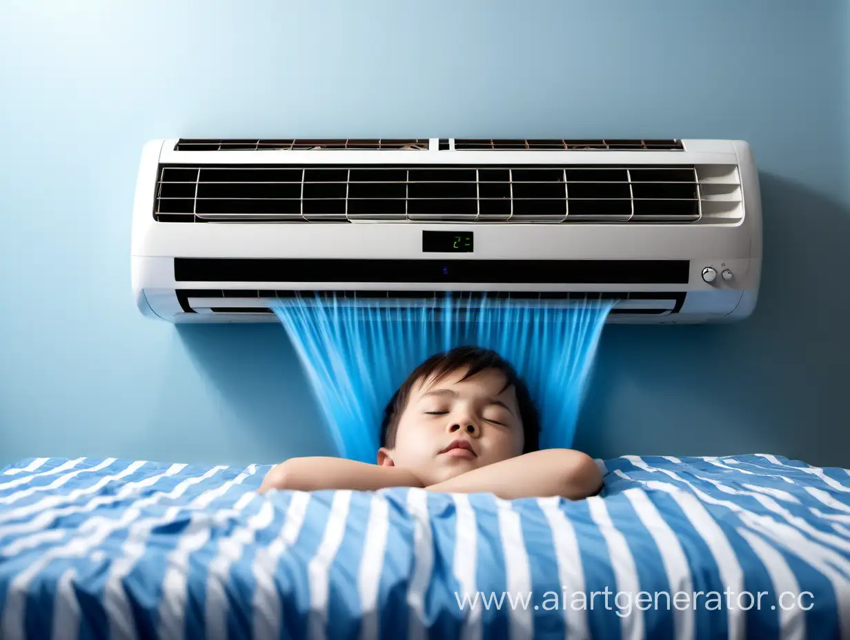 a small child sleeps under the air conditioner. A stream of blue air is coming out of the air conditioner. It feels fresh.