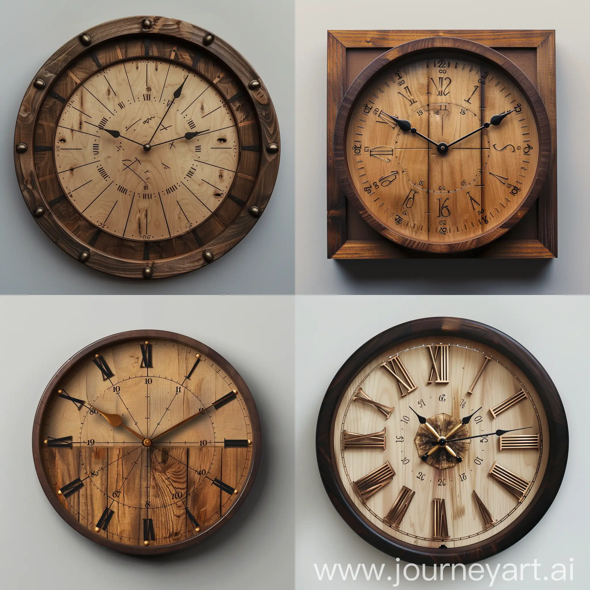 wall clock dial, light wood, dark wood frame, decimal system numbers, bronze, hyperrealism, photography, everything is sharp
