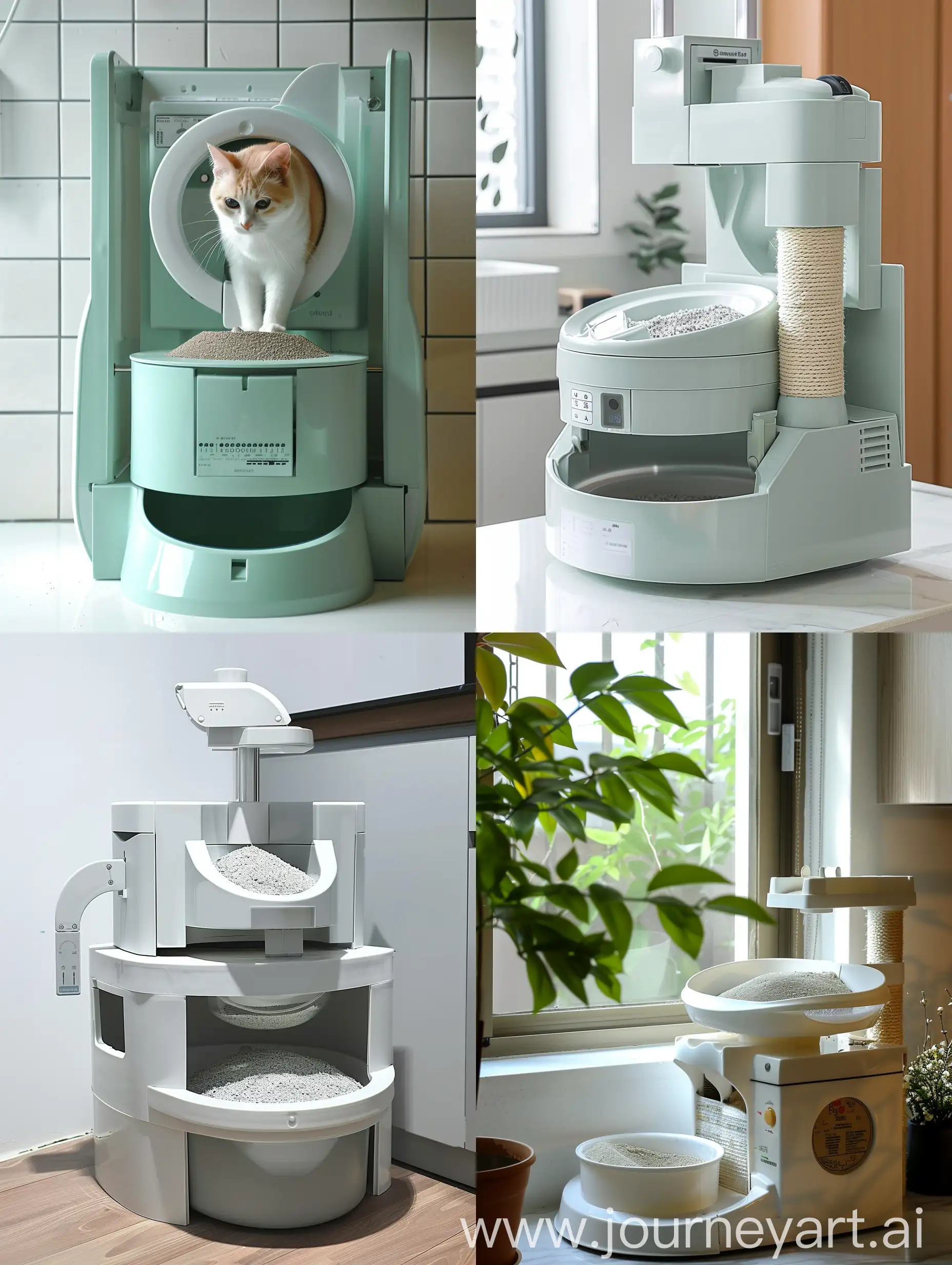 Create a photo for semi-automatic cat litter box. This litter box looks exactly the same as fully automatic cat litter box with one addition i.e. there is lever that when rotated manually 90 degree it rotates the litter box inside. There should be circular type object on top where we put cat litter and below should be a bin where the cat waste is dumped by the upper part. The lever can be either on left or right side.