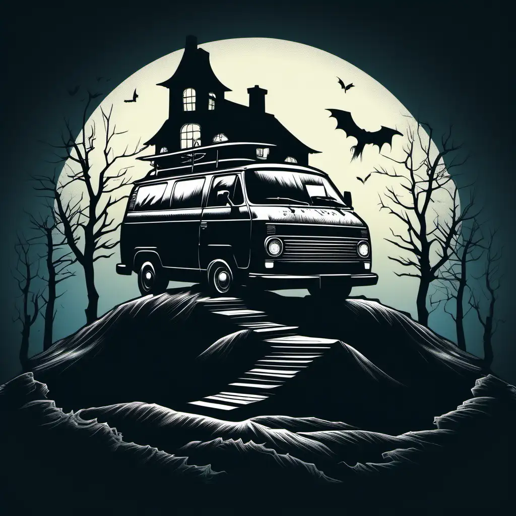 van parked on the top of a hill, silhouette, creepy, haunted, detailed illustrated design, logo