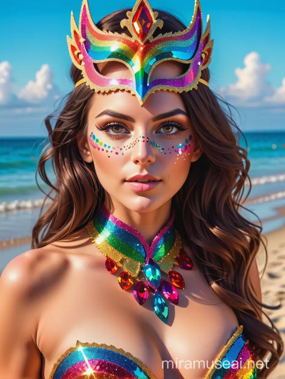 beautiful brunetter woman in costume, half body, with rainbow crystal glitter, masquerade ball, beach party scene, surreal.hdr.