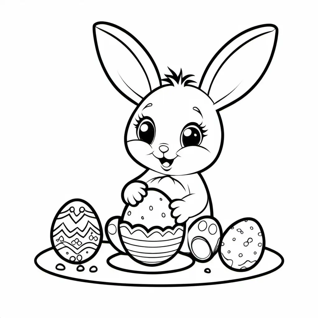 Bunny eat egg
For kid, Coloring Page, black and white, line art, white background, Simplicity, Ample White Space. The background of the coloring page is plain white to make it easy for young children to color within the lines. The outlines of all the subjects are easy to distinguish, making it simple for kids to color without too much difficulty