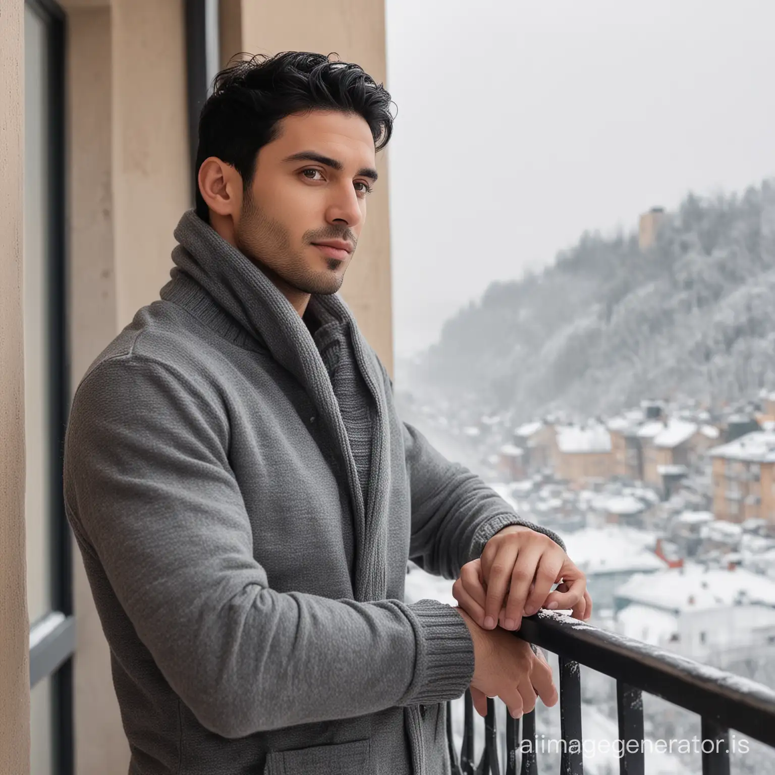 A thin handsome black hair man in balcony winter view