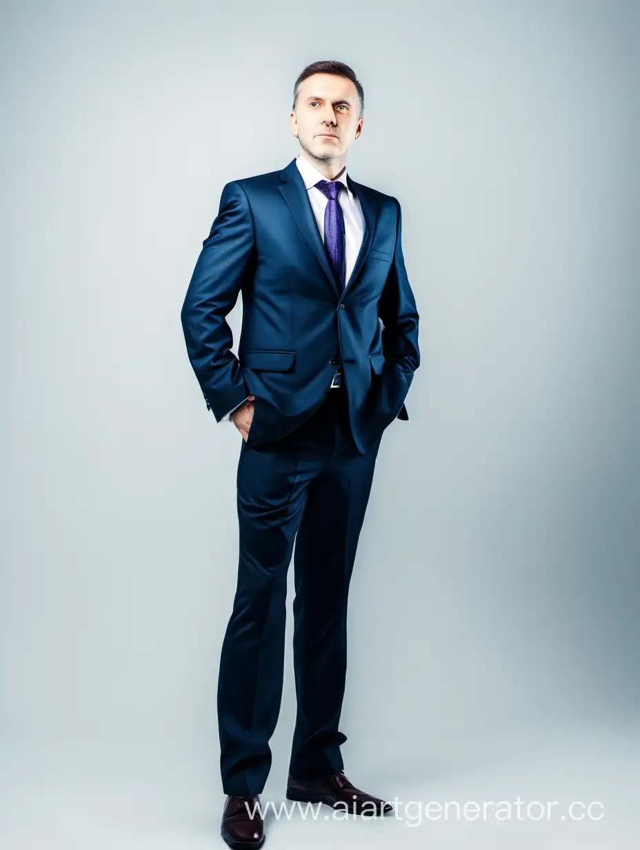 A full-length businessman in a business suit stands on a white background